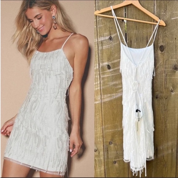 White Fringe Lace-Up Backless Mini Cocktail Dress - Picture 2 of 6